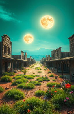 A desolate wild west ghost town, with dilapidated wooden buildings and dusty streets