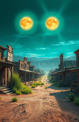 A desolate wild west ghost town, with dilapidated wooden buildings and dusty streets