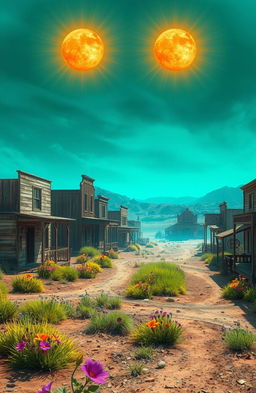 A desolate wild west ghost town, with dilapidated wooden buildings and dusty streets