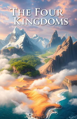 A stunning fantasy landscape depicting 'The Four Kingdoms', each kingdom represented as a distinct region with unique characteristics