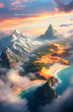 A stunning fantasy landscape depicting 'The Four Kingdoms', each kingdom represented as a distinct region with unique characteristics