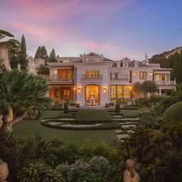 A beautiful, luxurious house at sunset with a lavish garden and elegant architecture