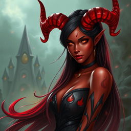 An enchanting, seductive, and fiery female tiefling with captivating red skin and striking horns that split into two elegant points