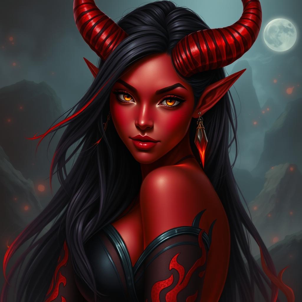 An enchanting, seductive, and fiery female tiefling with captivating red skin and striking horns that split into two elegant points