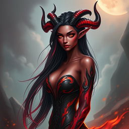An enchanting, seductive, and fiery female tiefling with captivating red skin and striking horns that split into two elegant points