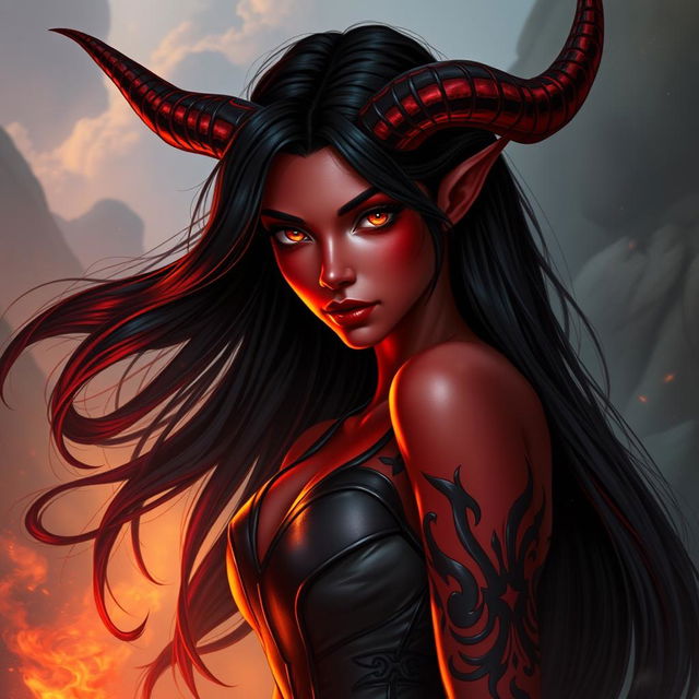 An enchanting, seductive, and fiery female tiefling with captivating red skin and striking horns that split into two elegant points