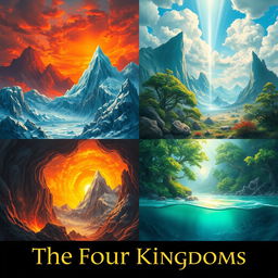 A captivating fantasy artwork titled 'The Four Kingdoms', featuring four distinct realms as backgrounds: a fiery kingdom with molten lava and red skies, an icy kingdom with towering glaciers and shimmering frost, a lush green kingdom filled with vibrant flora and ancient trees, and a kingdom representing truth with crystal-clear waters and radiant light breaking through the clouds