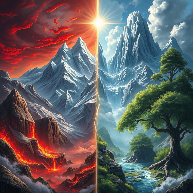 A captivating fantasy artwork titled 'The Four Kingdoms', featuring four distinct realms as backgrounds: a fiery kingdom with molten lava and red skies, an icy kingdom with towering glaciers and shimmering frost, a lush green kingdom filled with vibrant flora and ancient trees, and a kingdom representing truth with crystal-clear waters and radiant light breaking through the clouds