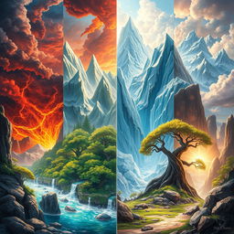 A captivating fantasy artwork titled 'The Four Kingdoms', featuring four distinct realms as backgrounds: a fiery kingdom with molten lava and red skies, an icy kingdom with towering glaciers and shimmering frost, a lush green kingdom filled with vibrant flora and ancient trees, and a kingdom representing truth with crystal-clear waters and radiant light breaking through the clouds