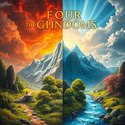 A captivating fantasy artwork titled 'The Four Kingdoms', featuring four distinct realms as backgrounds: a fiery kingdom with molten lava and red skies, an icy kingdom with towering glaciers and shimmering frost, a lush green kingdom filled with vibrant flora and ancient trees, and a kingdom representing truth with crystal-clear waters and radiant light breaking through the clouds