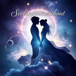 A beautifully designed book cover for 'Seelenpartnerschaft' (Soul Partnership) featuring two intertwined silhouettes against a dreamy, cosmic backdrop