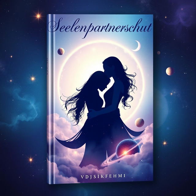 A beautifully designed book cover for 'Seelenpartnerschaft' (Soul Partnership) featuring two intertwined silhouettes against a dreamy, cosmic backdrop