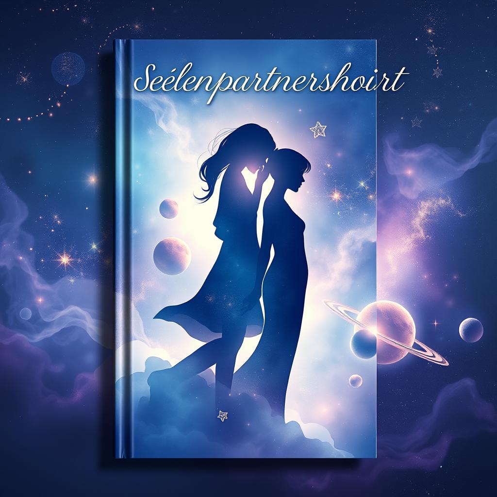 A beautifully designed book cover for 'Seelenpartnerschaft' (Soul Partnership) featuring two intertwined silhouettes against a dreamy, cosmic backdrop