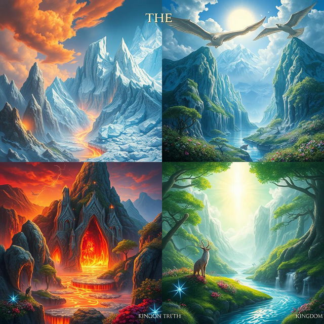 An enchanting fantasy artwork titled 'The Four Kingdoms', featuring four distinctive backgrounds: a fiery kingdom with glowing lava flows and intense red-orange hues; an icy kingdom characterized by sparkling glaciers and a cool blue palette; a vibrant green kingdom filled with lush forests and colorful wildlife; and a radiant truth kingdom with bright, clear waters and ethereal light filtering through the clouds