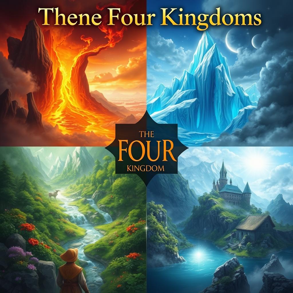 An enchanting fantasy artwork titled 'The Four Kingdoms', featuring four distinctive backgrounds: a fiery kingdom with glowing lava flows and intense red-orange hues; an icy kingdom characterized by sparkling glaciers and a cool blue palette; a vibrant green kingdom filled with lush forests and colorful wildlife; and a radiant truth kingdom with bright, clear waters and ethereal light filtering through the clouds