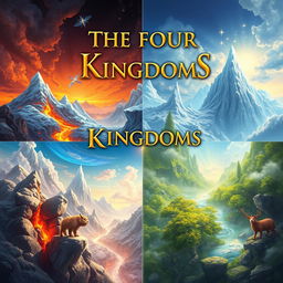 An enchanting fantasy artwork titled 'The Four Kingdoms', featuring four distinctive backgrounds: a fiery kingdom with glowing lava flows and intense red-orange hues; an icy kingdom characterized by sparkling glaciers and a cool blue palette; a vibrant green kingdom filled with lush forests and colorful wildlife; and a radiant truth kingdom with bright, clear waters and ethereal light filtering through the clouds