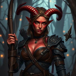 An enchanting, seductive Tiefling ranger with haughty demeanor, featuring striking red skin and two elegantly spiraled horns