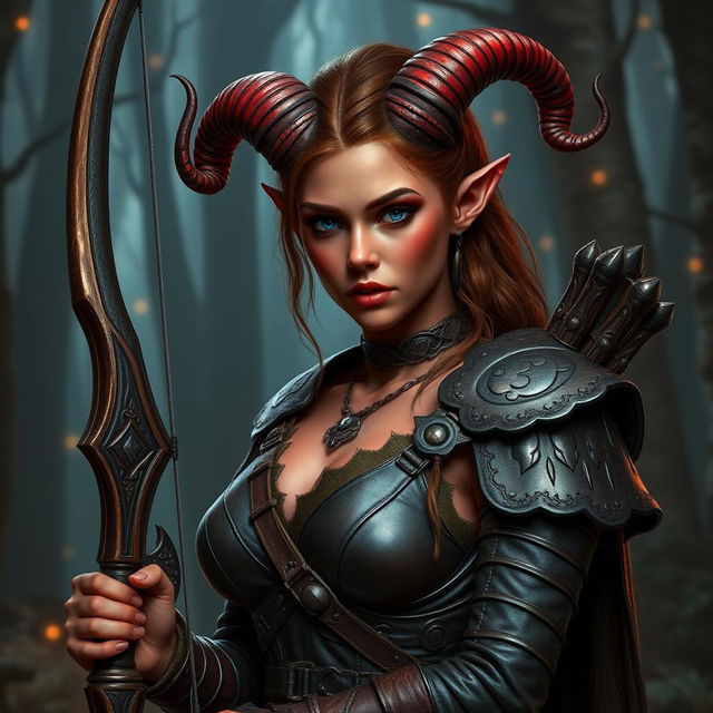 An enchanting, seductive Tiefling ranger with haughty demeanor, featuring striking red skin and two elegantly spiraled horns