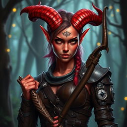 An enchanting, seductive Tiefling ranger with haughty demeanor, featuring striking red skin and two elegantly spiraled horns