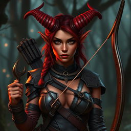 An enchanting, seductive Tiefling ranger with haughty demeanor, featuring striking red skin and two elegantly spiraled horns