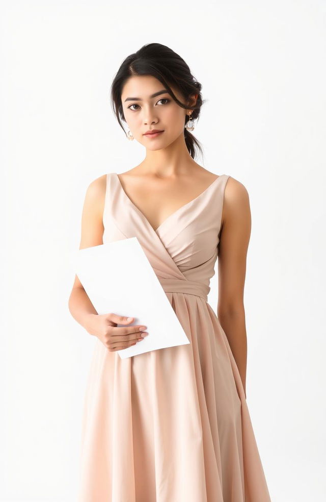 A young woman holding a page in her hand, wearing an elegant frock, standing against a bright white background