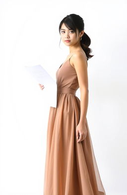 A young woman holding a page in her hand, wearing an elegant frock, standing against a bright white background