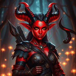 An enchanting, seductive Tiefling ranger with a fiery personality, featuring vibrant red skin and striking horns that split into two with a stunning combination of red, black, and gold hues