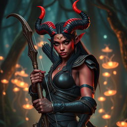 An enchanting, seductive Tiefling ranger with a fiery personality, featuring vibrant red skin and striking horns that split into two with a stunning combination of red, black, and gold hues