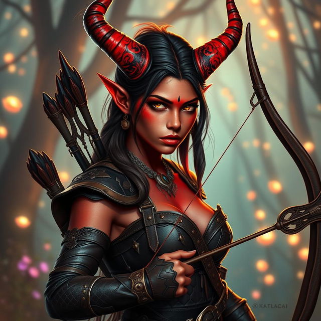 An enchanting, seductive Tiefling ranger with a fiery personality, featuring vibrant red skin and striking horns that split into two with a stunning combination of red, black, and gold hues