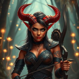 An enchanting, seductive Tiefling ranger with a fiery personality, featuring vibrant red skin and striking horns that split into two with a stunning combination of red, black, and gold hues