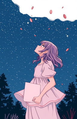 A girl wearing a frock, holding a page in her hand, gazing at the stars in the night sky