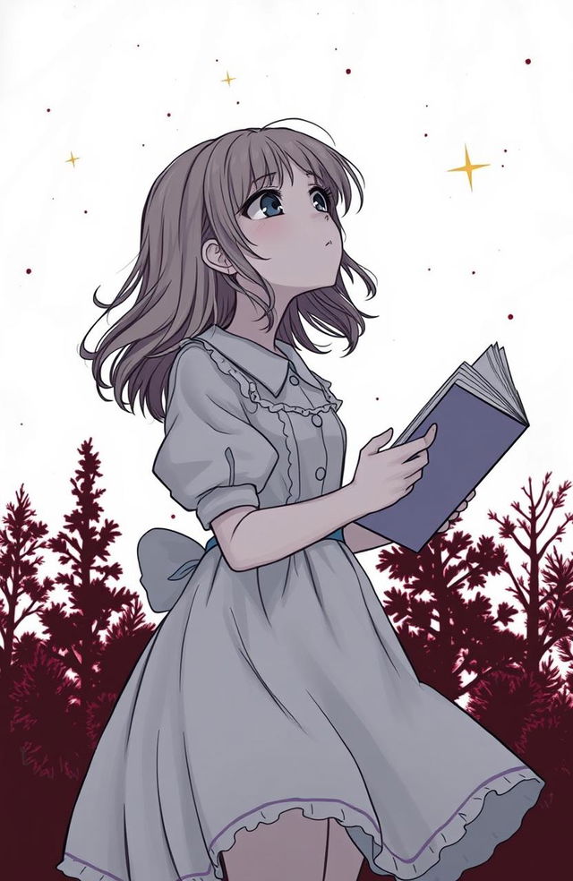 A girl wearing a frock, holding a page in her hand, gazing at the stars in the night sky