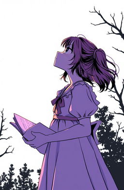 A girl wearing a frock, holding a page in her hand, gazing at the stars in the night sky