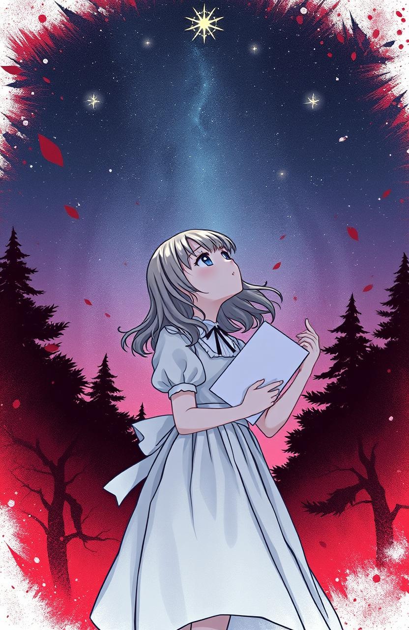 A girl wearing a frock, holding a page in her hand, gazing at the stars in the night sky