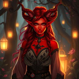 An enchanting and fiery female Tiefling ranger, exuding a captivating aura