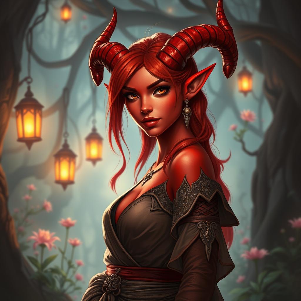 An enchanting and fiery female Tiefling ranger, exuding a captivating aura