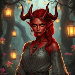 An enchanting and fiery female Tiefling ranger, exuding a captivating aura