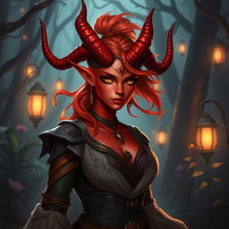 An enchanting and fiery female Tiefling ranger, exuding a captivating aura