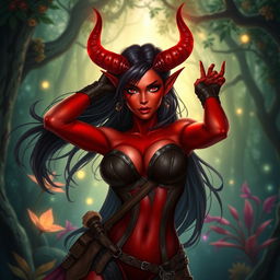 A seductive and fiery female Tiefling ranger, showcasing vibrant red skin and flowing black hair