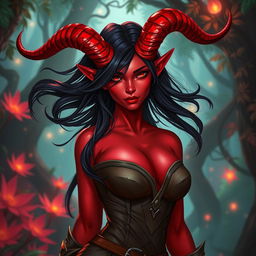 A seductive and fiery female Tiefling ranger, showcasing vibrant red skin and flowing black hair