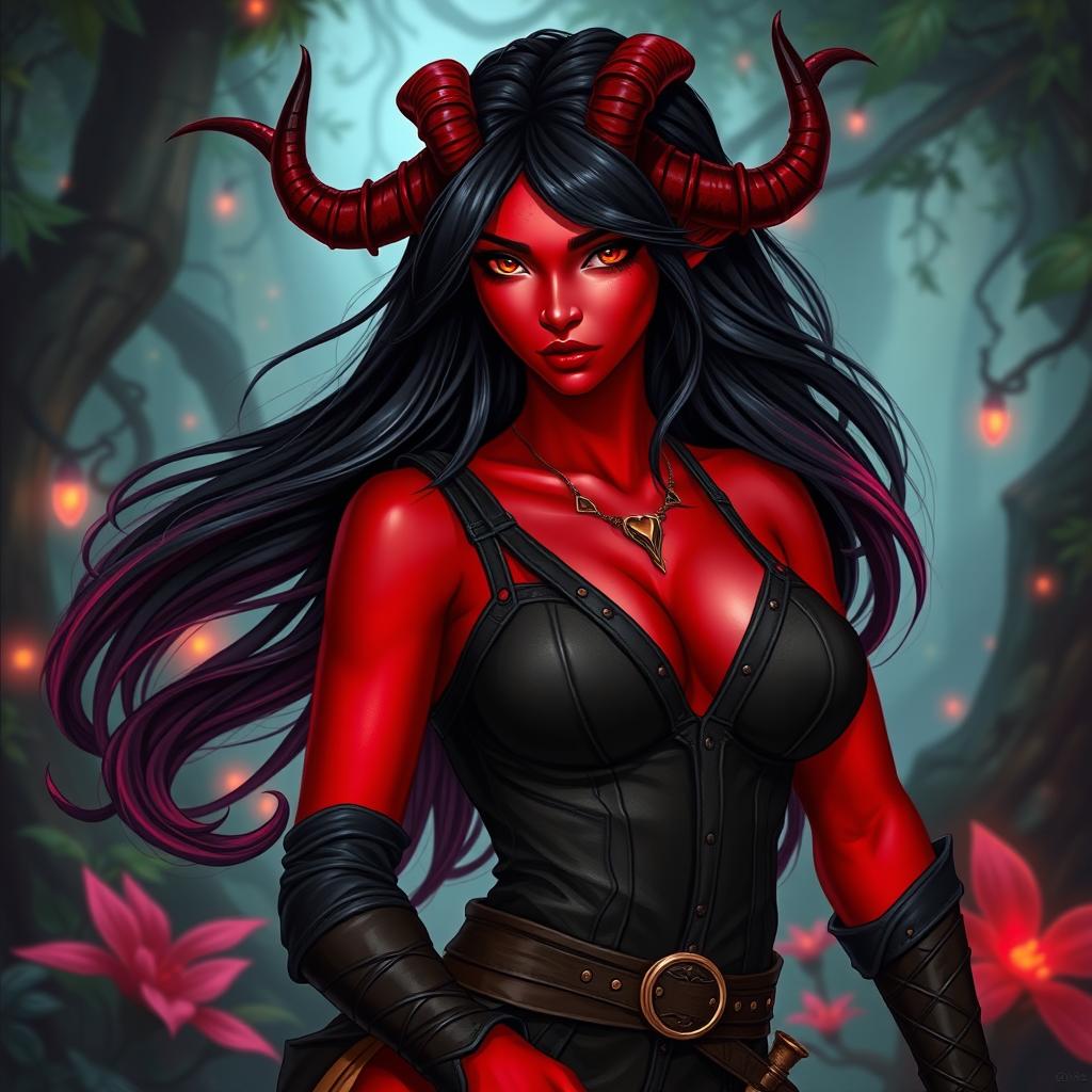 A seductive and fiery female Tiefling ranger, showcasing vibrant red skin and flowing black hair