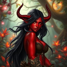 A seductive and fiery female Tiefling ranger, showcasing vibrant red skin and flowing black hair