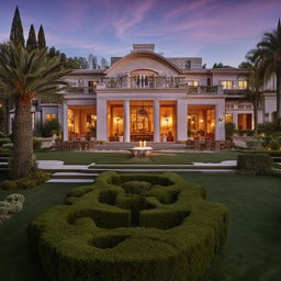 A beautiful, luxurious house at sunset with a lavish garden and elegant architecture