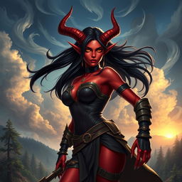 An epic and stunning female Tiefling ranger characterized by her fiery presence