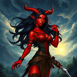 An epic and stunning female Tiefling ranger characterized by her fiery presence