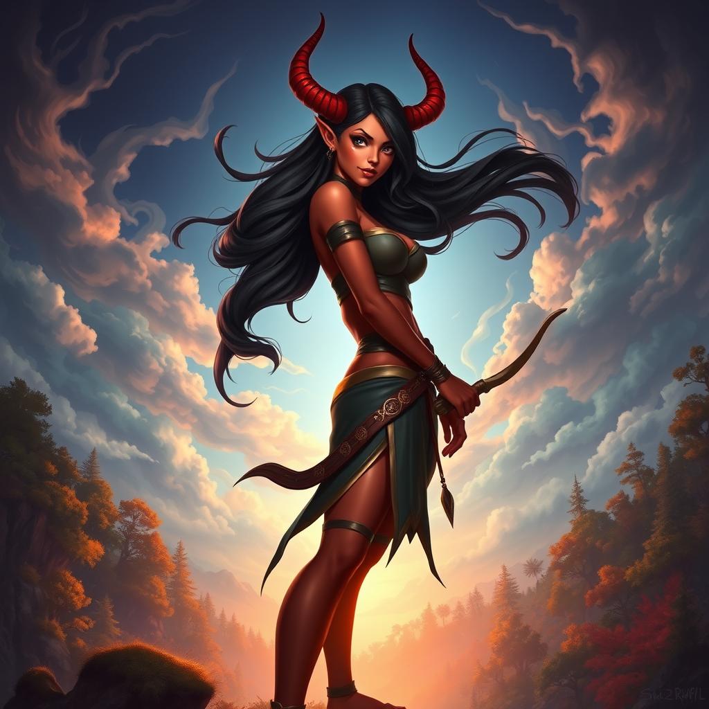 An epic and stunning female Tiefling ranger characterized by her fiery presence