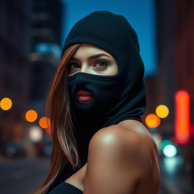 A beautiful woman posing in an urban nighttime setting, wearing black tights with white stockings and a mouth mask, showcasing an air of mystery