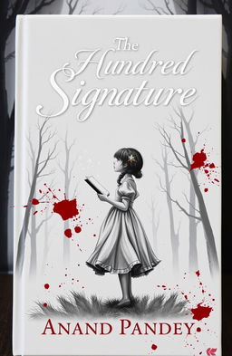 A fantasy book cover featuring a girl wearing a frock, with a page in her hand, gazing up at twinkling stars against a background of trees