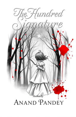 A fantasy book cover featuring a girl wearing a frock, with a page in her hand, gazing up at twinkling stars against a background of trees