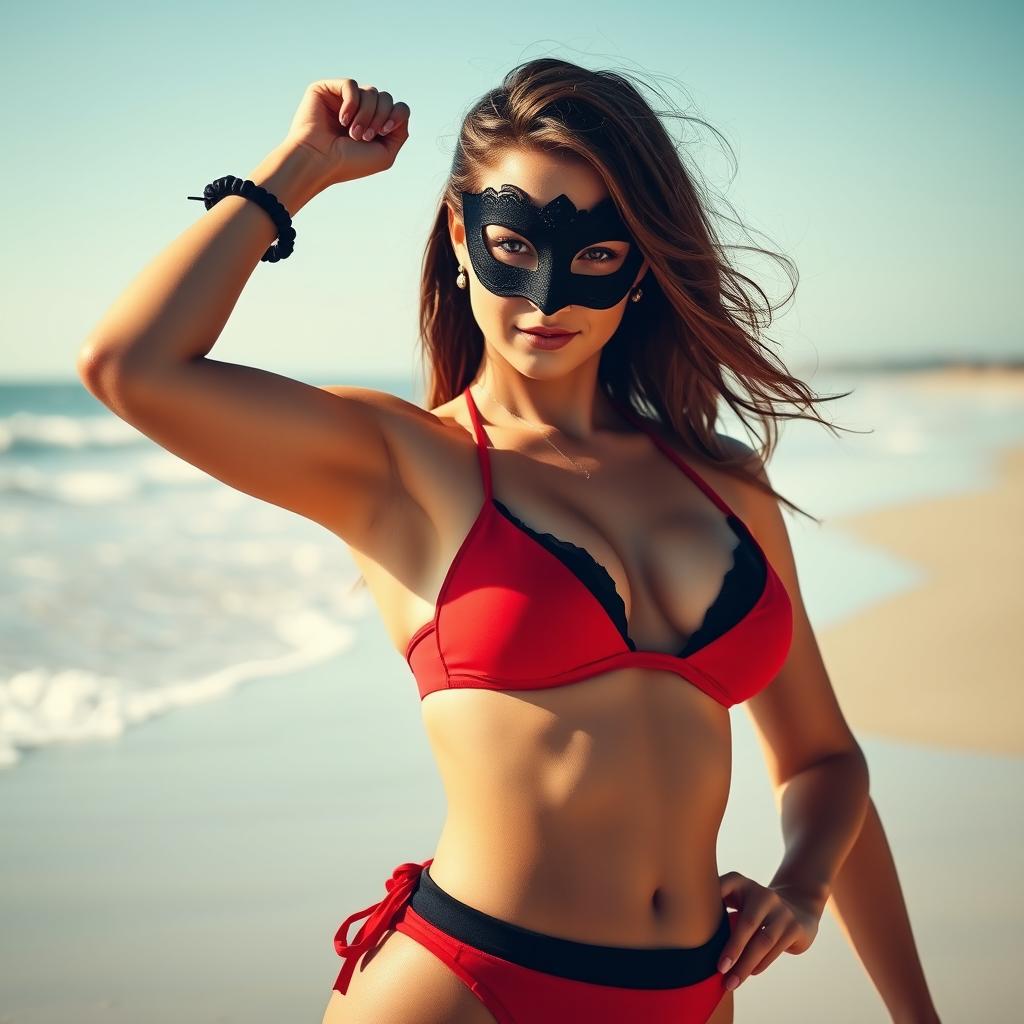 A confident woman wearing a red bikini and a black bra, her face partially obscured by a stylish mask